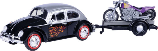 VW Beetle Trailer Set - Motorbike Trailer Black/White - 1/24 Scale MotorMax MOT79675