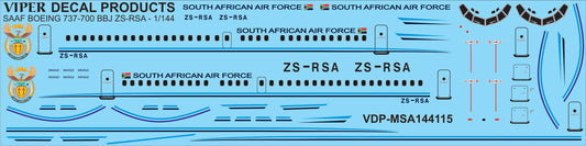 SAAF Boeing 737-700 BBJ ZS-RSA Decal Sheet - 1/144 Scale Viper Decal Products MSA144115