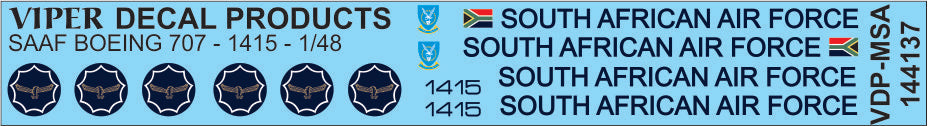 SAAF Boeing 707 '1415' - 1/144 Scale Viper Decal Products MSA144137