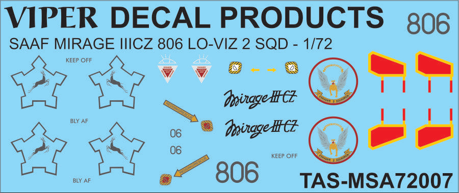 SAAF Mirage IIICZ '806 Low-viz 2 Sqn' - 1/72 Scale Viper Decal Products MSA72007