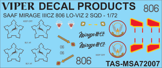 SAAF Mirage IIICZ '806 Low-viz 2 Sqn' - 1/72 Scale Viper Decal Products MSA72007