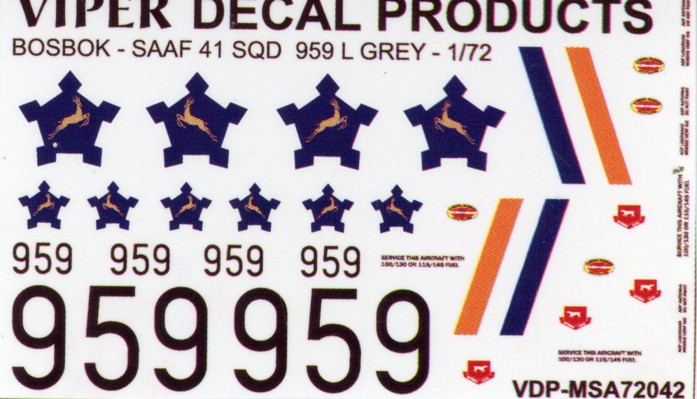 SAAF Bosbok '959 41 Sqn Grey' Decal Set - 1/72 Scale Viper Decal MSA7042