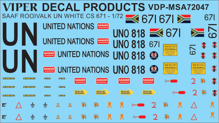 SAAF Rooivalk 'United Nations 671/UNO818 - 1/72 Scale Viper Decal Products MSA72047