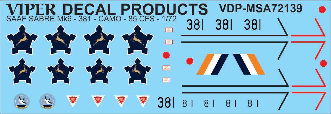 SAAF Sabre Mk 6 '381 Camo Sceme' - 1/72 Scale Viper Decal Products MSA72139