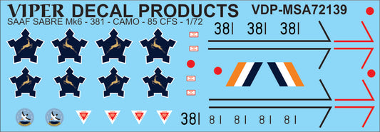 SAAF Sabre Mk 6 '381 Camo Sceme' - 1/72 Scale Viper Decal Products MSA72139