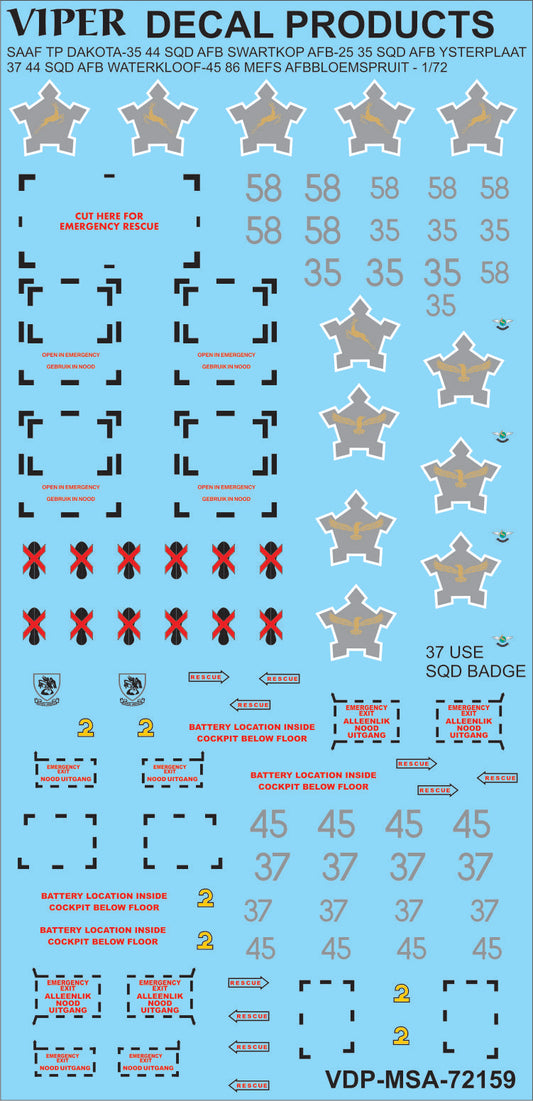 SAAF TP Dakota Decal Sheet - 1/72 Scale Viper Decal Products MSA72159