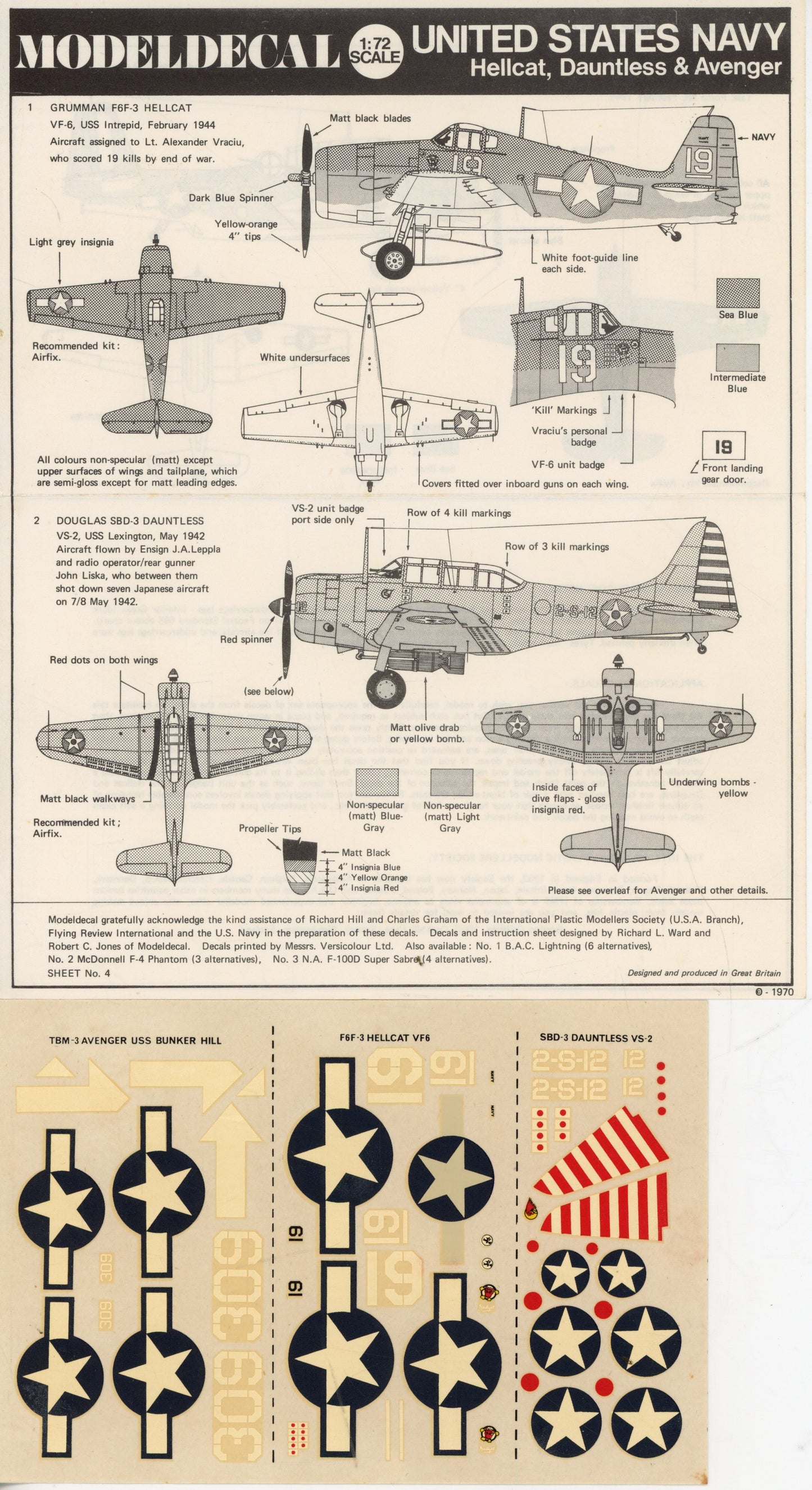 United States Navy Hellcat, Dauntless & Avenger - 1/72 Scale Modeldecal OD3016