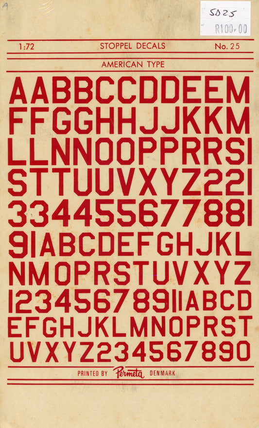 American Type Letters and Numbers Red - 1/72 Scale Stoppel Decals SD25