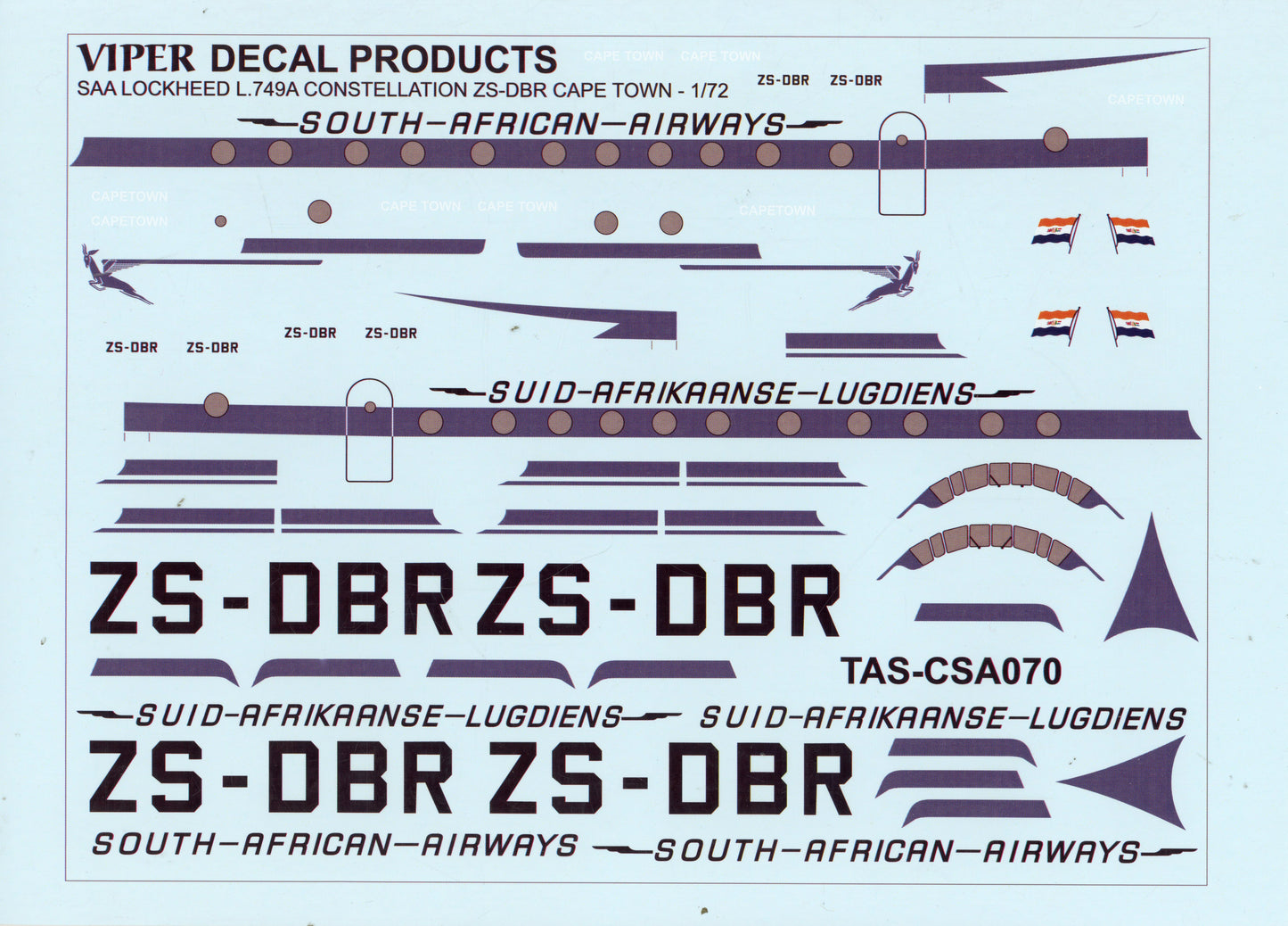 SAA Lockheed L.749A Constellation ZS-DBR Cape Town ZS-DBR - 1/72 Scale Viper Decal Products TAS-CSA070
