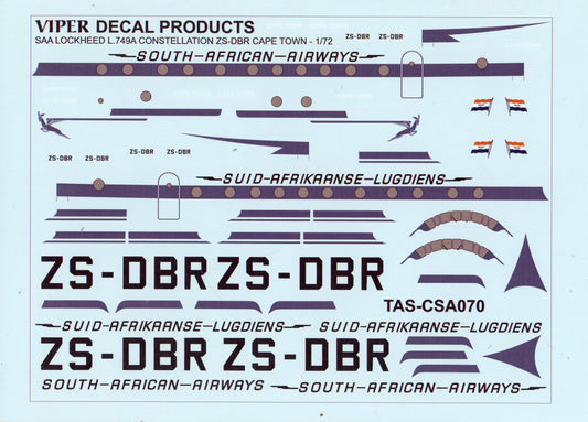 SAA Lockheed L.749A Constellation ZS-DBR Cape Town ZS-DBR - 1/72 Scale Viper Decal Products TAS-CSA070