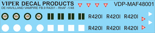 Rhodesian Air Force De Havilland Vampire FB.9 - 1/48 Scale Viper Decal Products MAF48001