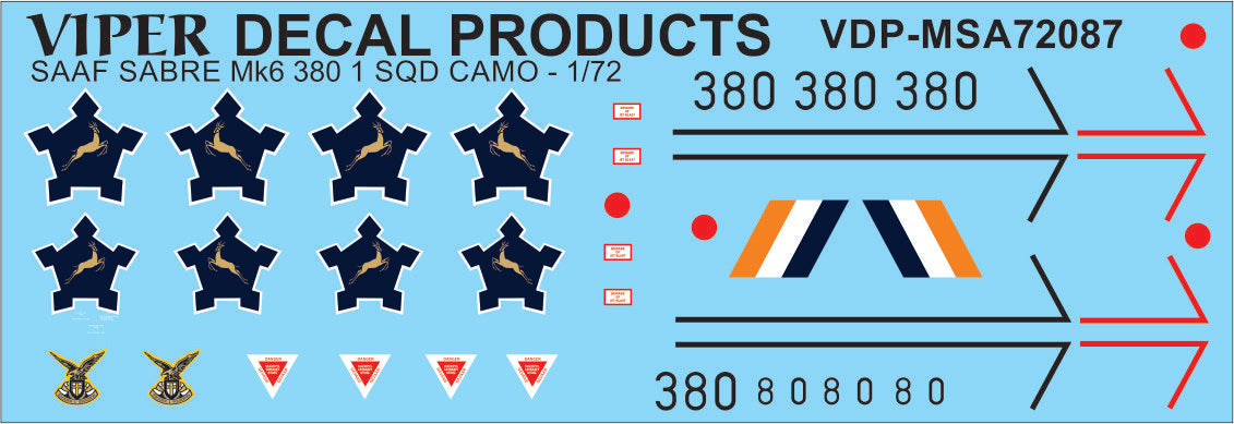 SAAF Sabre Mk.6 '380' 1 Sqn Camo - 1/72 Scale Viper Decal Products MSA72087