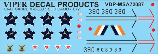 SAAF Sabre Mk.6 '380' 1 Sqn Camo - 1/72 Scale Viper Decal Products MSA72087