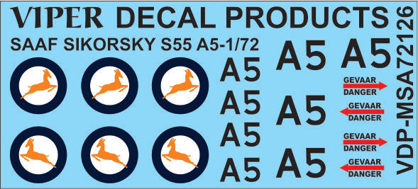 SAAF Sikorsky S.55 'A5' - 1/72 Scale Viper Decal MSA72126