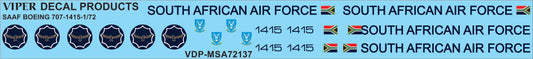 SAAF Boeing 707-320C '1415' 60 Sqn Waterkloof - 1/72 Scale Viper Decal Products MSA72137