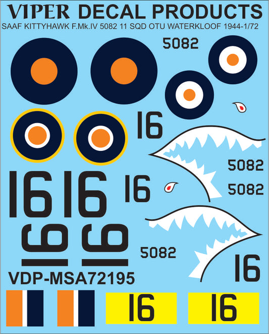 SAAF Kittyhawk F.Mk.IV '5082' 11 Sqn OTU Waterkloof 1944 - 1/72 Scale Viper Decal Products MSA72195