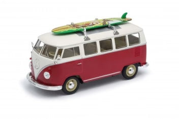 Volkswagen T1 Bus with Surfboard Red - 1/24 Scale - Welly - WEL22095SBRED
