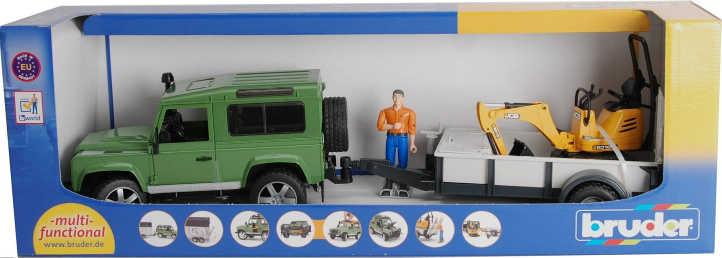 Land Rover Def. w/Trailer, JCB Exc. & Worker Bruder Toys BRU02593